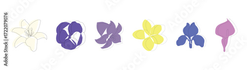 Set of abstract colorful flower icons in modern minimal line style. Decorative botanical elements for spring and summer design, vector illustration