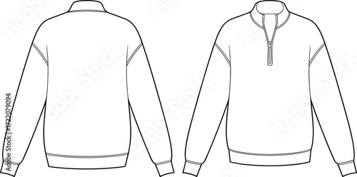Pullover sweatshirt technical drawing, front and back view, quarter zip high collar, ribbed cuffs hem, apparel fashion design illustration template