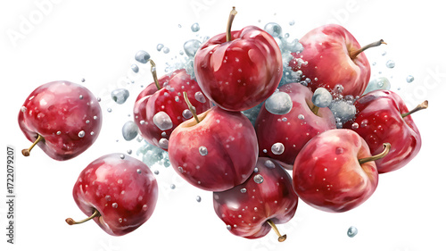 A pile of fresh red apples with water droplets isolated on transparent background, a healthy and delicious fruit