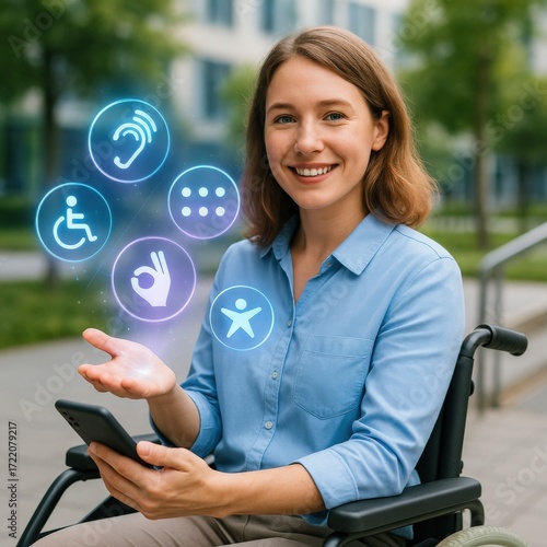 Empowering disabled individuals urban park digital interaction accessible technology close-up view inclusion and support