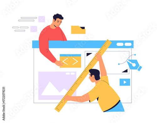 Programmers working together developing website, adding code and design elements using large ruler and pen tool, software development process, programming and coding, website creation and design