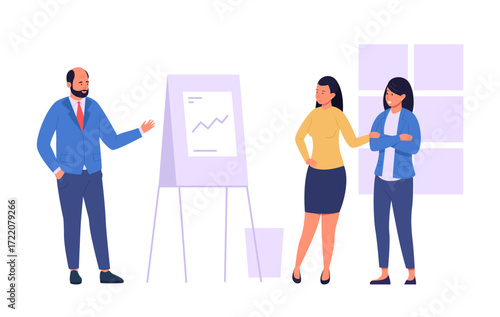 Business team analyzing financial reports and investments, with a manager presenting growing statistics on a flip chart during a meeting in the office