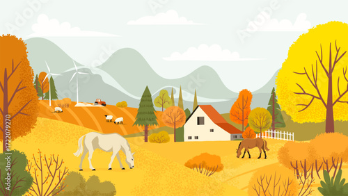 Idyllic autumn farm landscape featuring horses and sheep grazing amid colorful fall foliage, wind turbines generating clean energy, and a tractor working in the field