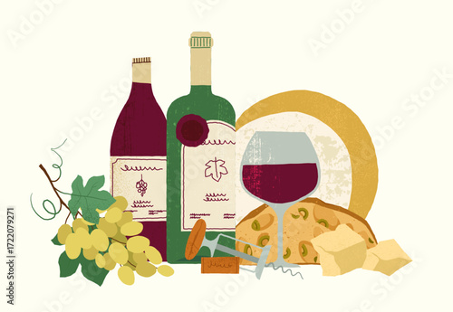 Wine tasting still life with a glass of red wine, two bottles, a bunch of grapes, a piece of cheese with olives, some cheese cubes and a corkscrew lying on a white background