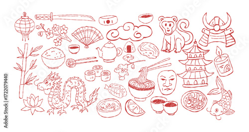 Hand-drawn red doodles of Asian food, symbols, and culture including dragons, sushi, temples, and fans.