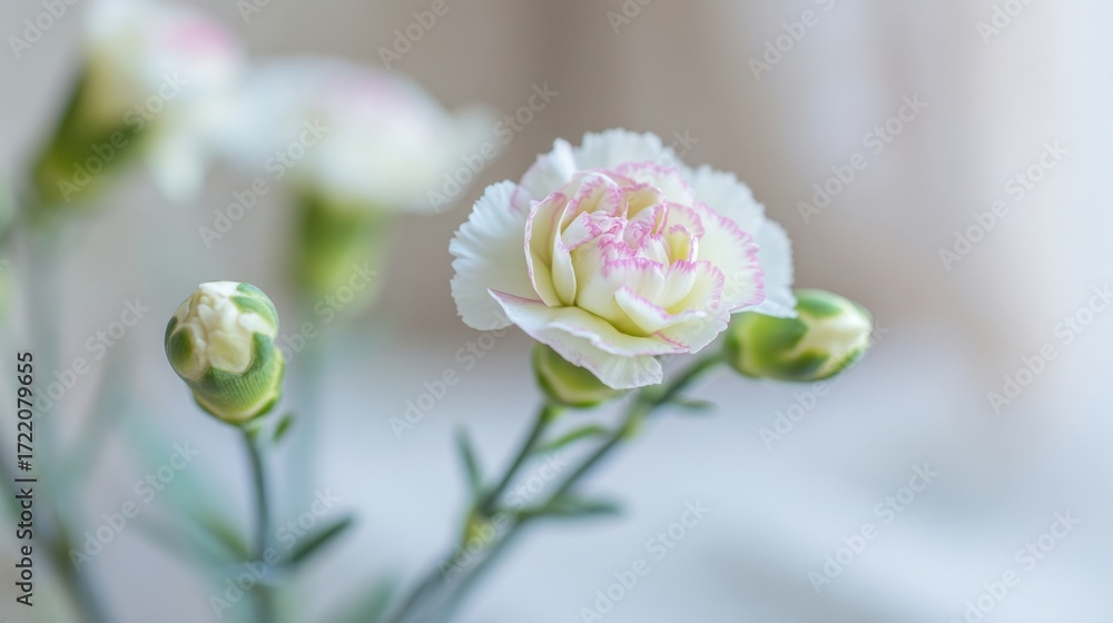 Obraz premium Close up of delicate white carnation flower with pink edges and buds