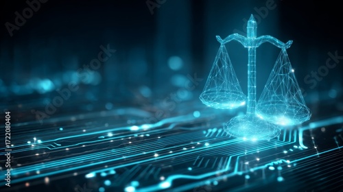 Digital Justice Scales of Justice in a Circuit Board, Low Poly, Blue, Cyber Law, Cybersecurity, Legal Tech Cyber Law, Legal Tech