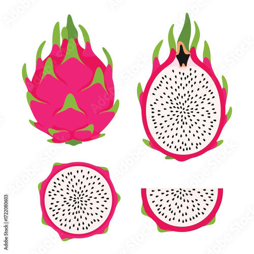Vibrant dragon fruit cut open showing white flesh and black seeds tropical exotic fruit healthy food