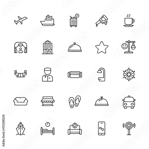 Collection of hotel and travel related line art icons
