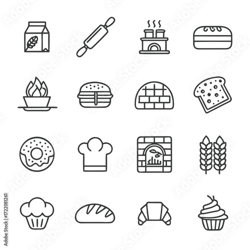 Collection of simple outline icons representing bakery and baking ingredients and tools