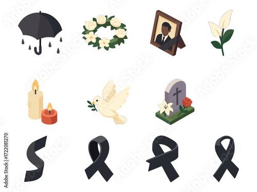 The image shows a set of funeral and mourning icons, including an umbrella with raindrops, a flower wreath, a framed photo with a black ribbon, white calla lilies, candles, a dove with an olive branch