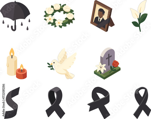 The image shows a set of funeral and mourning icons, including an umbrella with raindrops, a flower wreath, a framed photo with a black ribbon, white calla lilies, candles, a dove with an olive branch