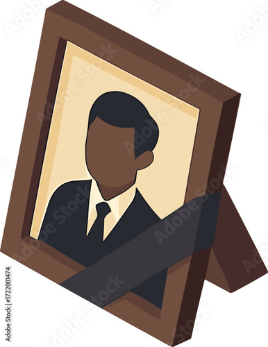 The image shows a framed portrait of a man in a suit with a black mourning ribbon across the corner, symbolizing remembrance and loss.