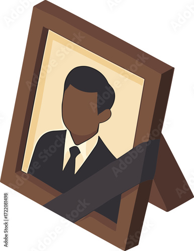 The image shows a framed portrait of a man in a suit with a black mourning ribbon across the corner, symbolizing remembrance and loss.