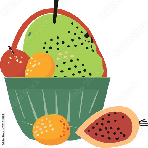 The image shows a green bowl filled with assorted fruits including a green melon with black seeds, a red cherry, an orange fruit, and additional fruits like fig and passionfruit placed around it.