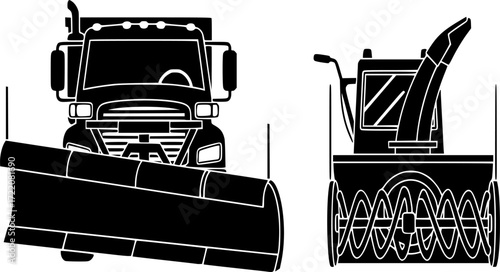 Truck snowplow icon. Snowblower. Black silhouette. Front view. Vector simple flat graphic illustration. Isolated object on a white background
