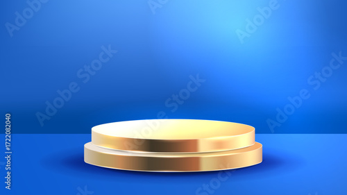 Vector illustration. 3D golden cylindrical podium stage for product promotion on blue light background. Empty template for web banner, advert, marketing. Design element for luxurious style wallpaper