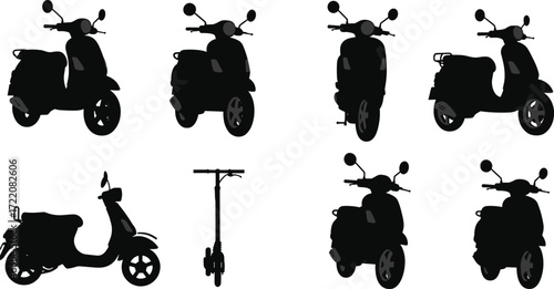 Collection of scooter silhouettes, electric scooter, vintage motorbike, modern moped, urban transport, black vehicle icons, isolated vector design illustration