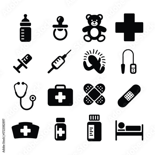 Modern Baby Healthcare Icon Set  Flat Line Symbols of Syringe, Cross, Medicine, Bed, Nurse, Bottle, and First Aid for Web UI & Mobile Apps