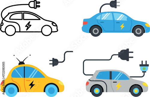Electric cars charging with plugs, illustrating sustainable transportation options