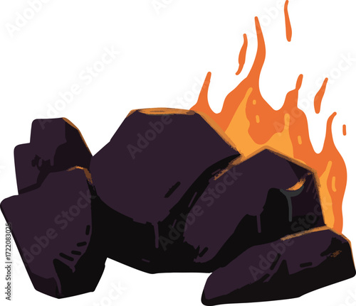 Pile of dark rocks with orange flames erupting from the top