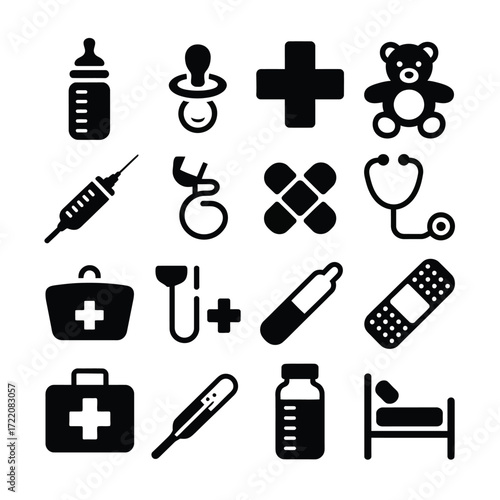 Flat Medical Icons for Pediatric and Baby Healthcare  Bottle, Pacifier, Teddy Bear, Pills, First Aid, Hospital Essentials for App & Print Design