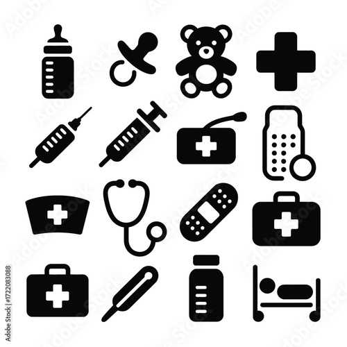 Flat Medical Icons for Pediatric and Baby Healthcare  Bottle, Pacifier, Teddy Bear, Pills, First Aid, Hospital Essentials for App & Print Design