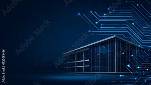 Smart Building Digital Architecture Concept, Blue Tone, Circuit Board Overlay, Digital Transformation Smart Building, IoT