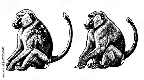 Vector art of two baboons sitting side by side, one with a slightly different pattern
