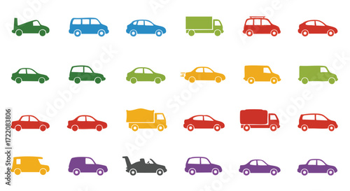 Collection of Various Types of Colorful Cars, Trucks, and Vans - Vector Icons