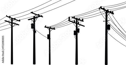 Electric power pole silhouette vector illustration set with utility wires, transmission lines, urban electricity design, distribution system, energy infrastructure graphics