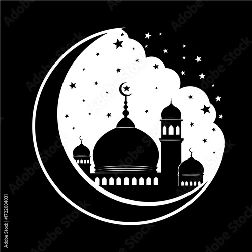 Vector art of silhouette of a mosque with a crescent moon and stars for ramadan kareem