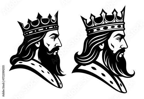 Vector art of two king heads with crown, a regal symbol of power and authority in black and white