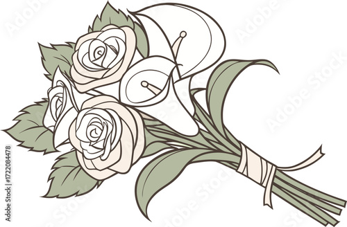 Elegant ivory rose and calla lily bridal bouquet vector illustration for weddings