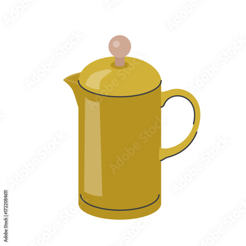 Yellow enamel coffee pot with lid and handle in vintage style isolated on white background kitchenware and beverage container illustration