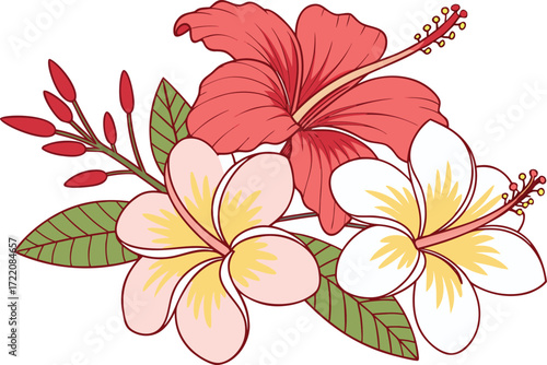 Vibrant tropical flower bouquet illustration with lotus hibiscus frangipani vector eps