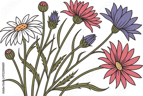 Vibrant scalable vector illustration of a colorful mixed wildflower bouquet