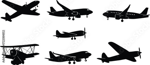 Set of airplane silhouettes, passenger jets, vintage planes, propeller aircraft, black vector illustration for aviation, travel, transport, flight, design elements