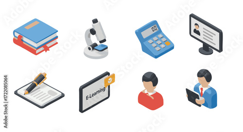 Collection of isometric icons representing education, science, and business concepts