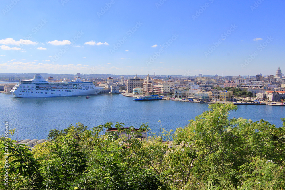 Fototapeta premium Crucero atracado en puerto urbano con skyline histórico y vegetación mediterránea