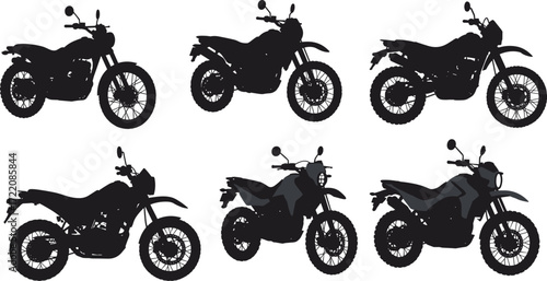 Set of dirt bike silhouettes, motocross motorcycles, off-road motorbikes, black vector illustration for racing, adventure, extreme sport and design