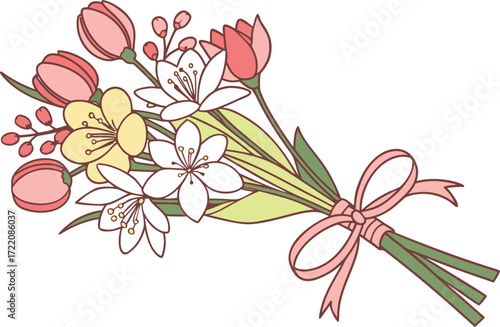 Vector illustration of a delightful spring flower bouquet tied with a pink ribbon