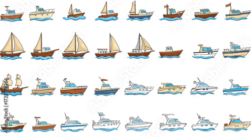 Collection of various cartoon-style boats and ships sailing on water