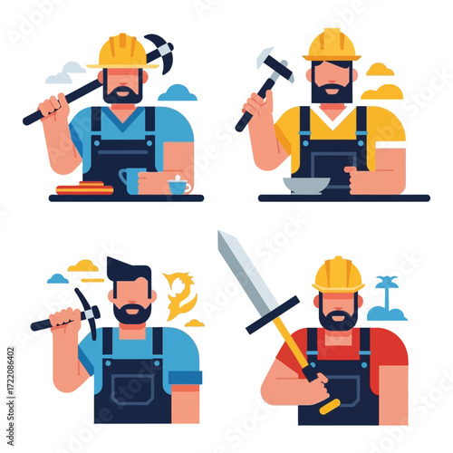 Diverse builders and tradespeople ready for construction projects with tools and helmets