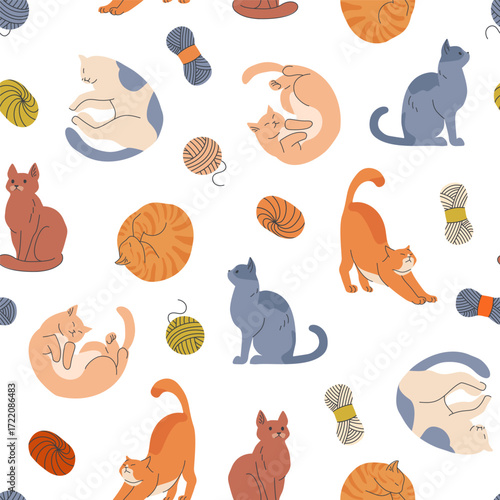 Seamless pattern of playful and resting cats with yarn balls in warm colors on white background cute pet themed textile illustration