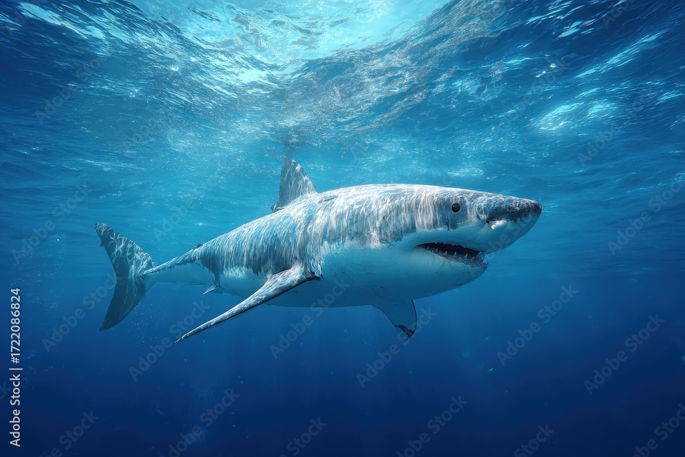Fototapeta premium Realistic depiction of a great white shark swimming gracefully in turquoise waters under bright sunlight, showcasing its powerful physique and striking features