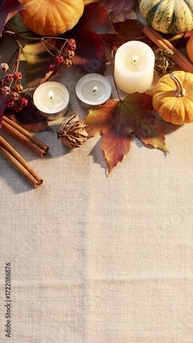 Ultra-slow dolly out video, beginning with a soft-focused extreme close-up on a plump heirloom gourd, revealing a beautifully styled autumnal display on linen fabric. Serene harvest hygge concept
