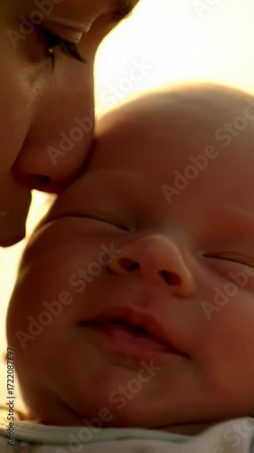 Tender close-up video of caregiver's cheek gently pressed to baby's forehead, soft golden light, ethereal bokeh background, conveying unconditional love and gentle care