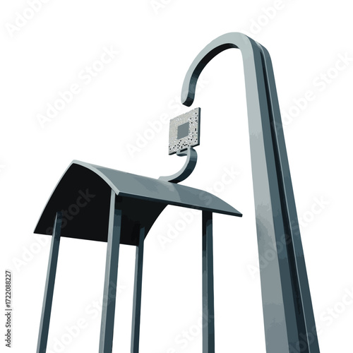 Abstract steel sculpture with integrated circuit board element on white background abstract sculpture