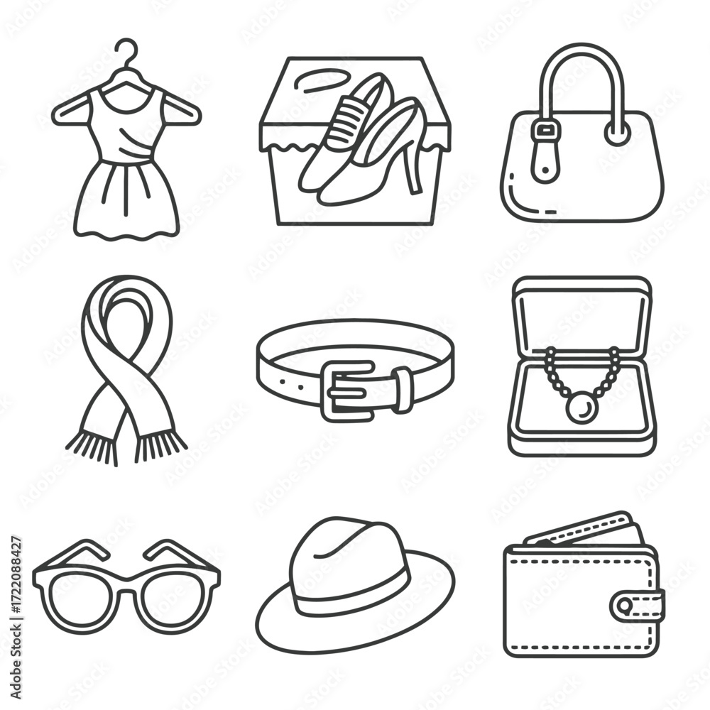 Fototapeta premium Black and white line art icons of fashion accessories including a dress on a hanger shoes in a box a handbag a scarf a belt a necklace in a box sunglasses a hat and